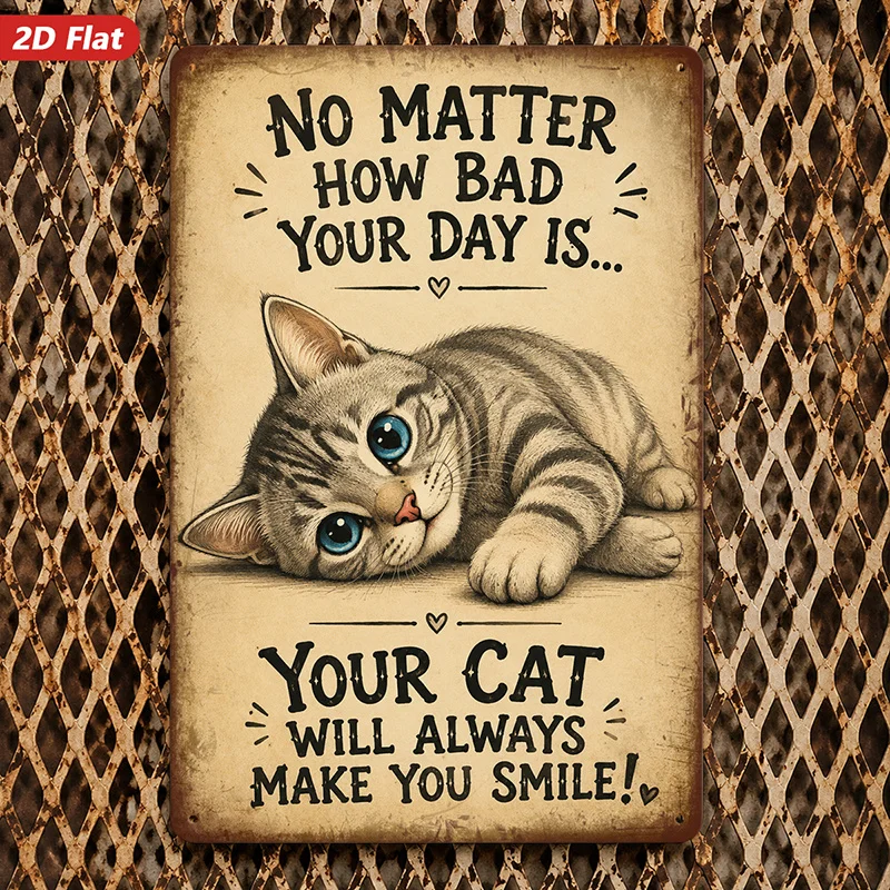 2D Flat Cat Wooden Sign Wall Art, 1pc Pack, Always Happy Cat, Cat Smiling Quote, Tabby Cat, Blue Eyes, Retro Style, Home Deco
