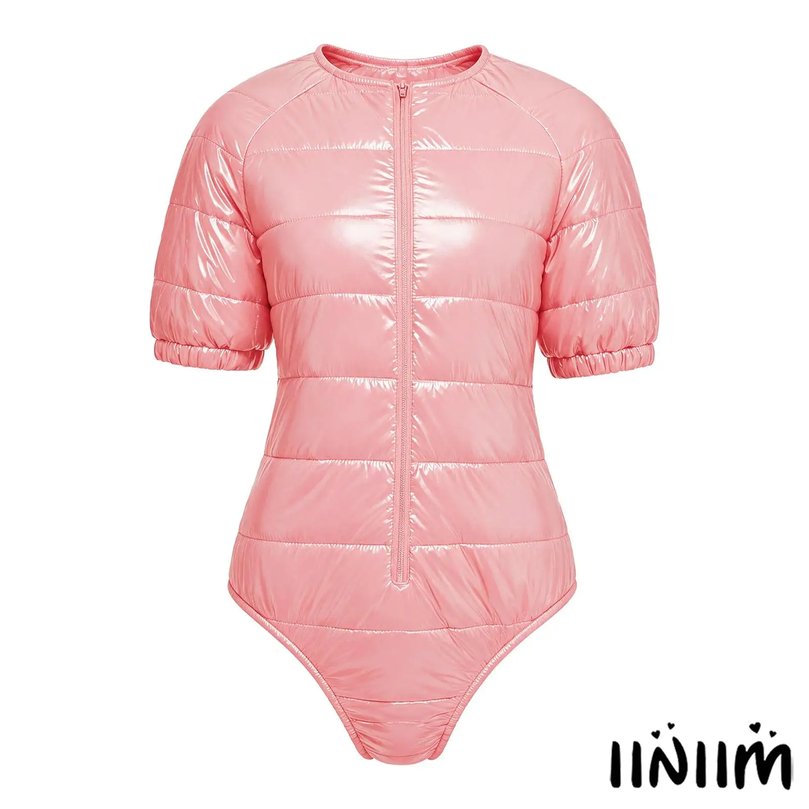 Womens Sports Gymnastics Leotard Water Resistant Padded Front Zipper Round Neck Short Sleeve Bodysuit for Daily Casual