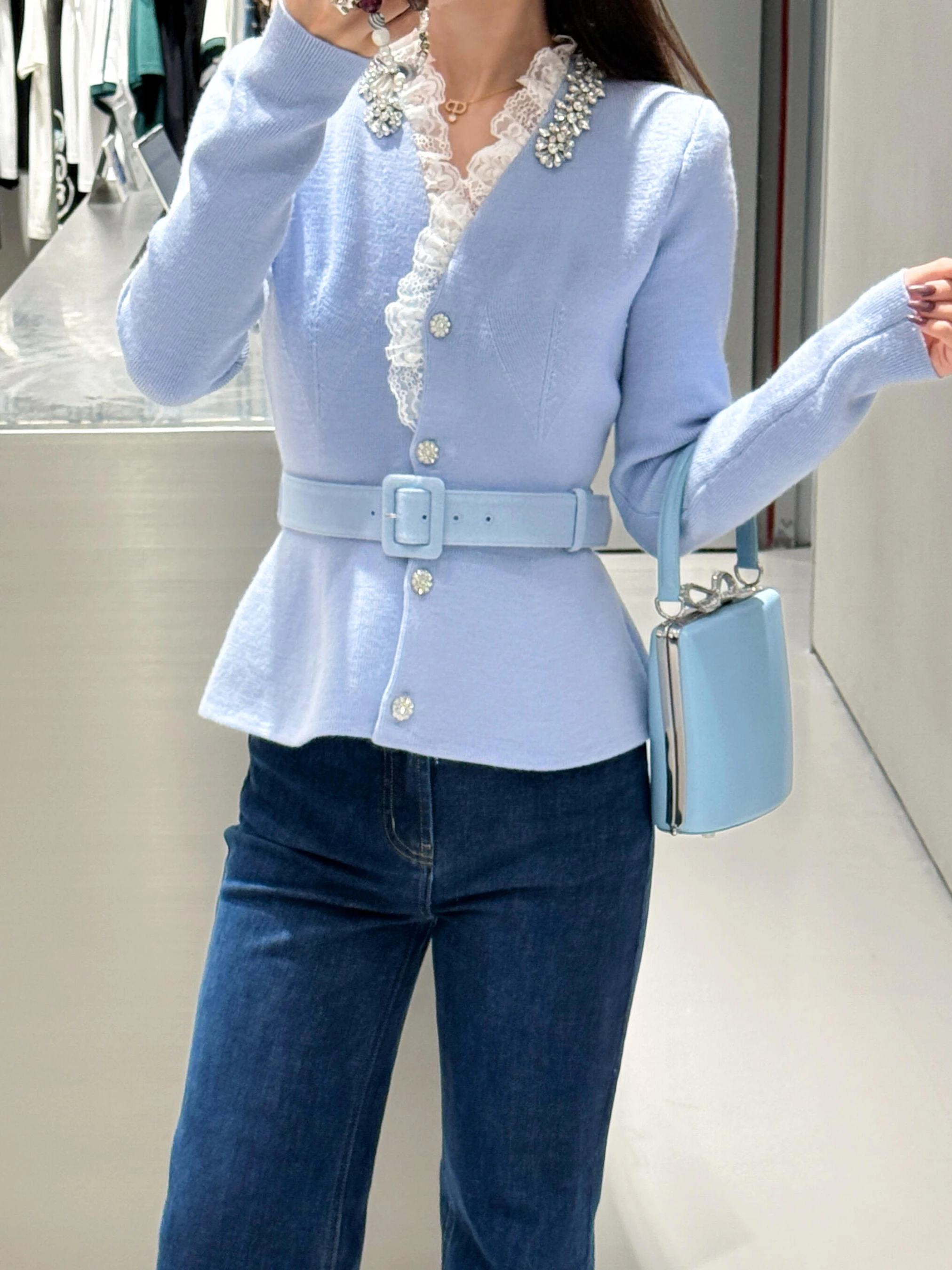 

Christmas Diamond Embellished Knitted Open Cardigan Top with Belt pro Version Sweet Style High Waist for Company Annual Dinner