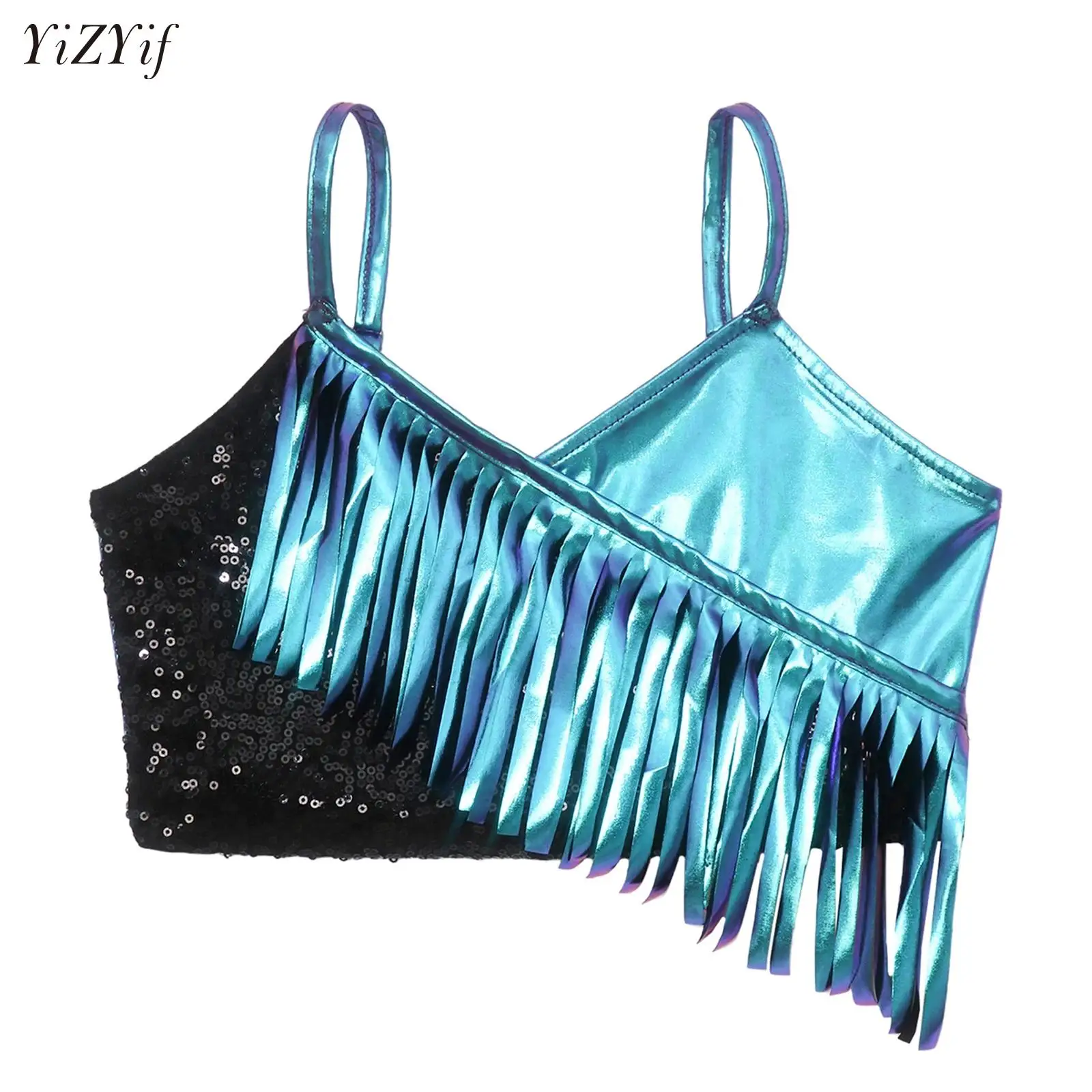 

Childrens Tassels Camisole Dance Crop Tops Kids Girls Sequins Tassels Latin Ballet Belly Skating Dance Stage Performance Costume