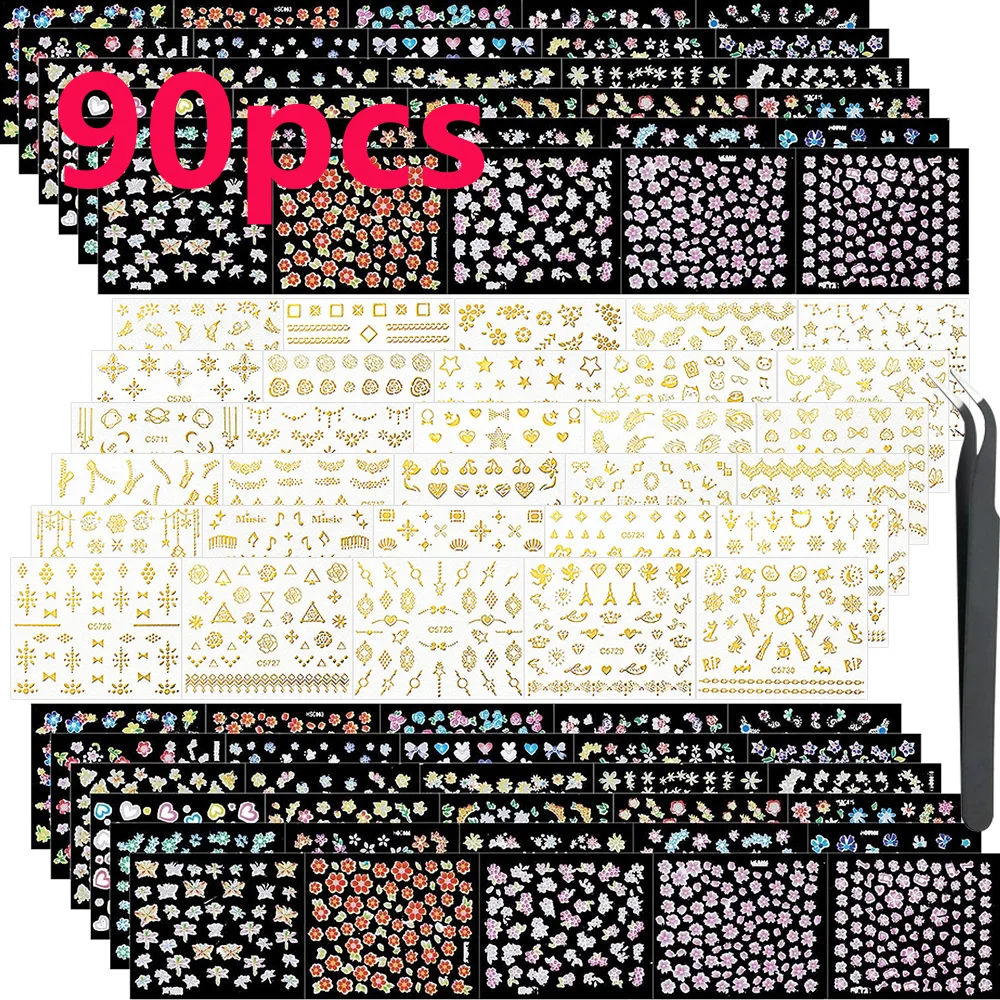 60/70/90Pcs Gold Nail Art Stickers - 3D Bronzing Flower Self-Adhesive Nail Decals Geometric Line Mix-Style Nail Sticker Supplies