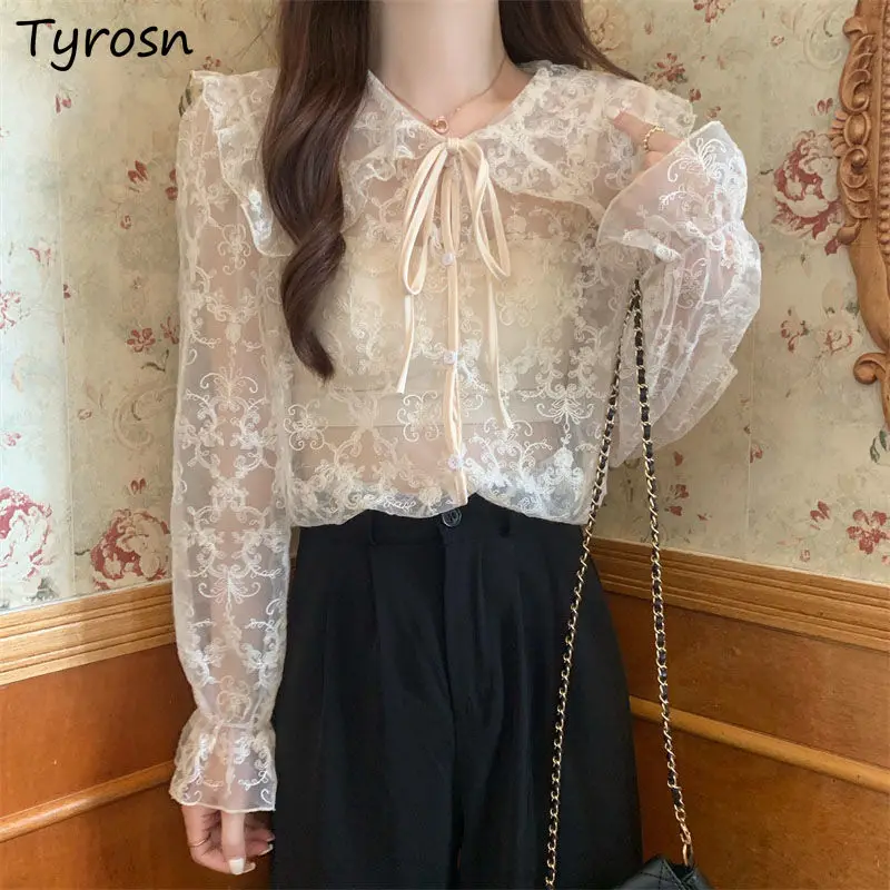 Women Shirt Lace Up Tops Peter Pan Collar Elegant Summer Trendy Korean Style Embroidery Casual Fashion Retro See-through Blouses