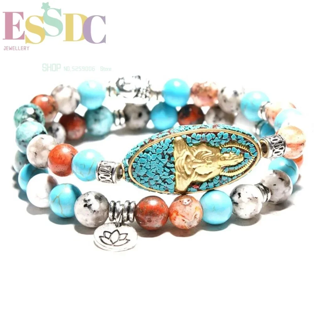Natural White Turquoise Yoga Lotus Buddhism Guanyin Buddha Two Bracelet Pendants Fashion Personality Retro Style Jewelry