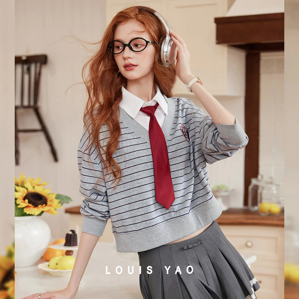 LOUIS YAO Embroidered Striped Sweatshirts 2025 Autumn Fake Two-piece Pullovers Off Shoulder Sleeve Logo Detachable Tie Hoodies