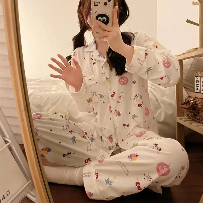 

Sanrio Hello Kitty, женский пижамный комплект в горошек в стиле аниме Hello Kitty, домашняя одежда с длинными рукавами для весны/осени, домашней и уличной одежды