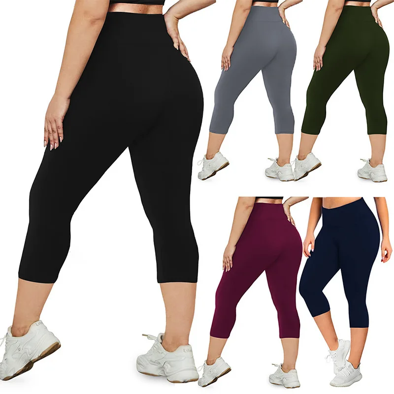 

High-Waisted Plus-Size Fleece-Lined Leggings Summer Yoga Pants Hip-Lifting 7/8 Length Workout Trousers for Women