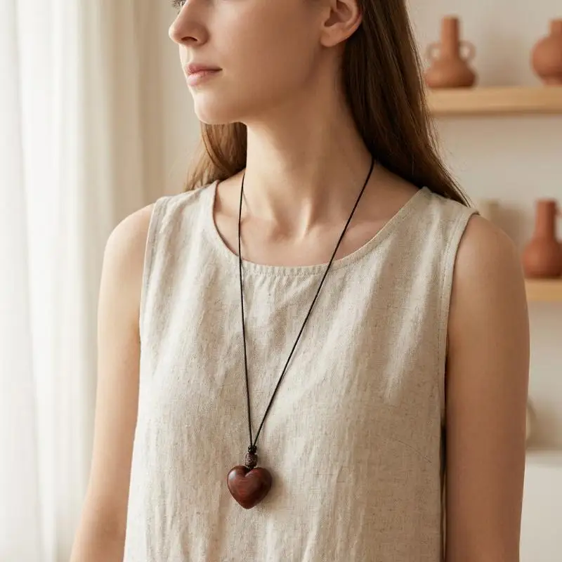 Trendy Long Heart Pendant Necklace Chunky Wood Adjustable Rope Sweater Chain for Fall Winter Outfit