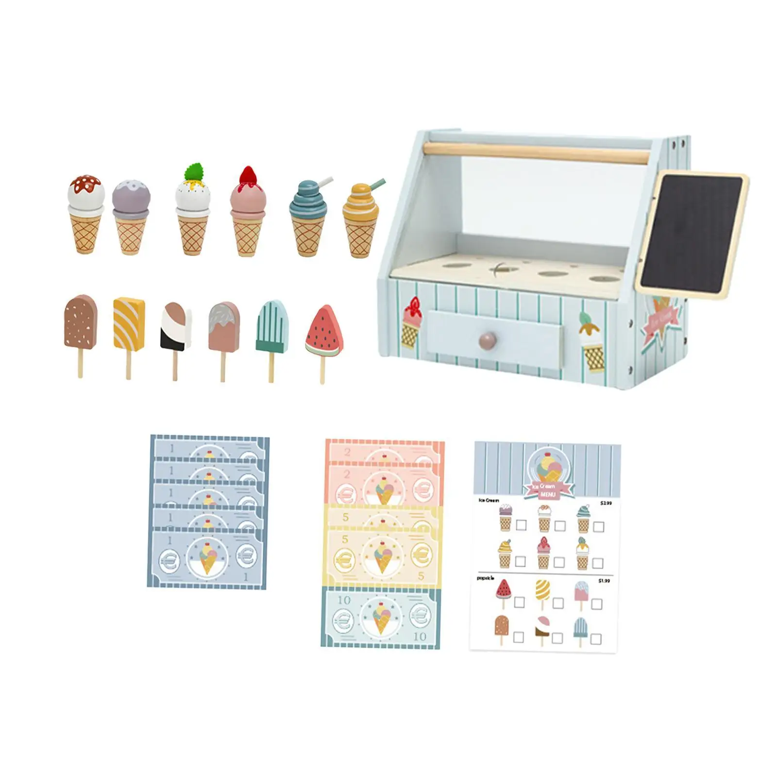 Wooden Ice Cream Counter Playset Learning Activity Montessori Pretend Food Toys