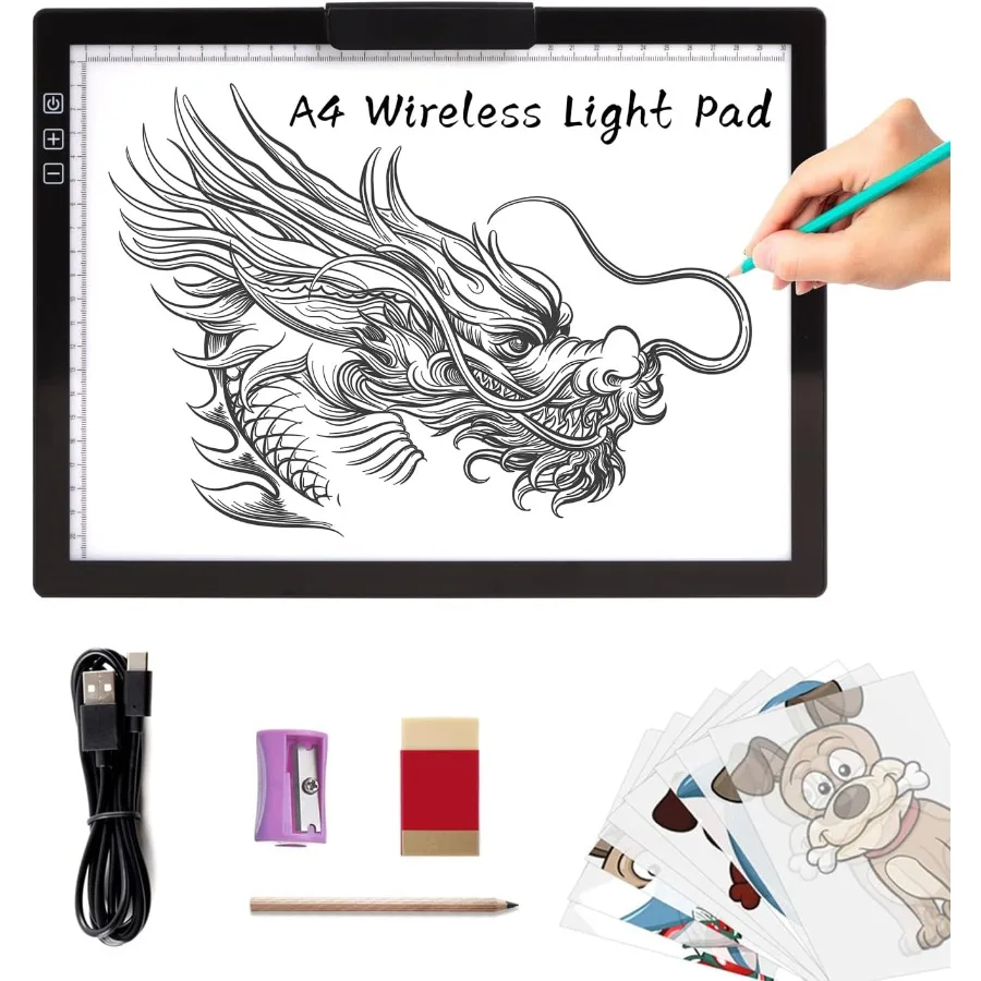 

A4 Wireless LED Light Pad with Innovative Stand and Top Clip Rechargeable Battery Powered Light Box Stepless Dimmable 6 Levels