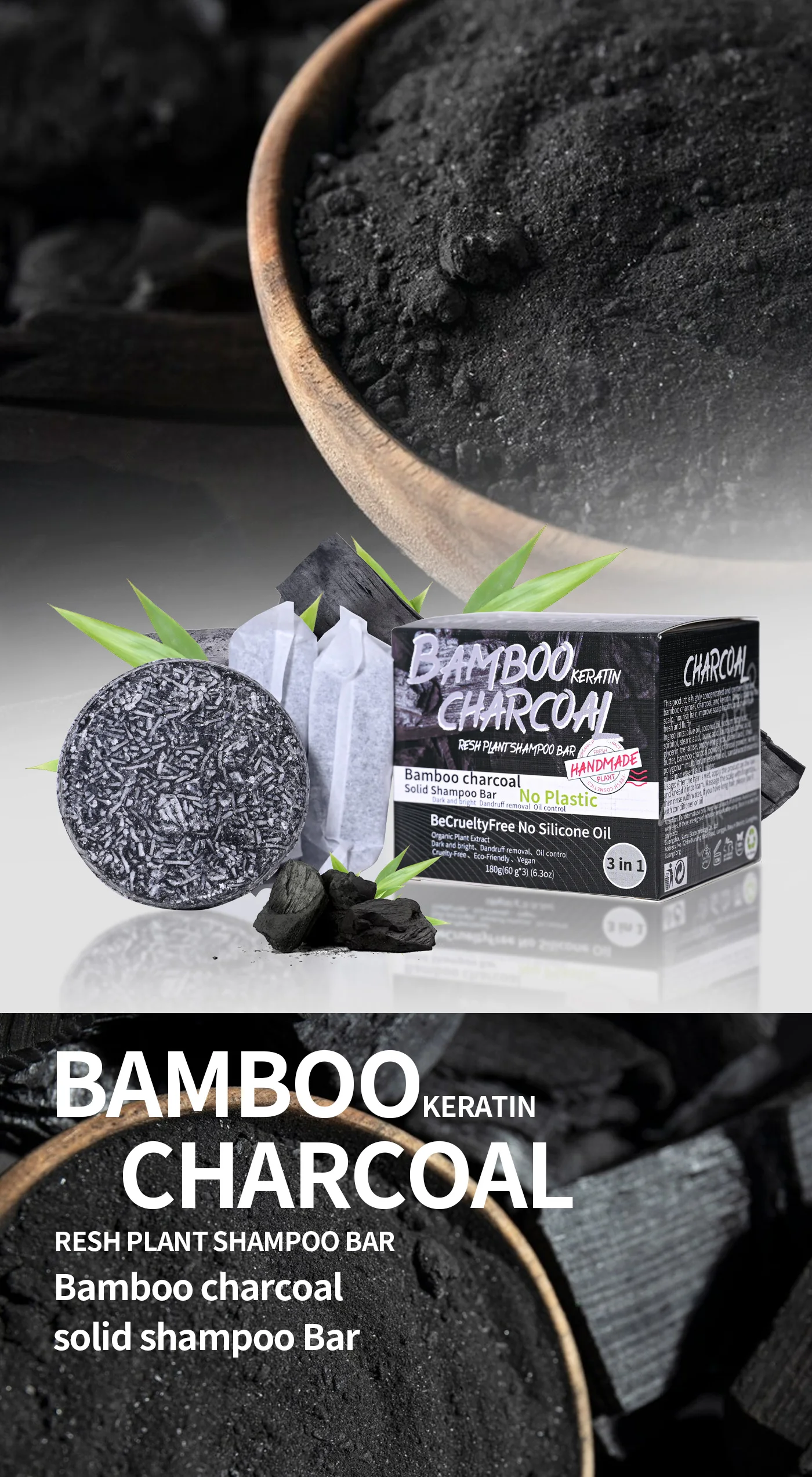 3pcs Set Of Bamboo Charcoal Plant Extract Essential Oil Shampoo Soap Oil Control Refreshing Solid Shampoo Soap Handmade Soap