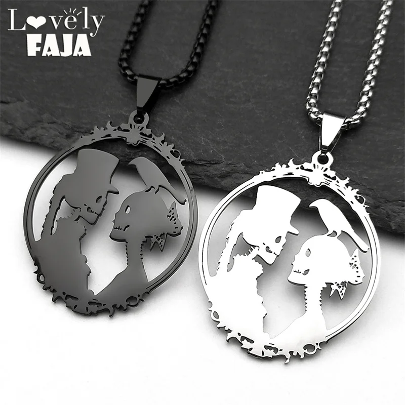 Gothic Bride and Groom Stainless Steel Skull Crow Pendant Necklace for Women Men Black Photo Frame Couple Jewelry Party Gift