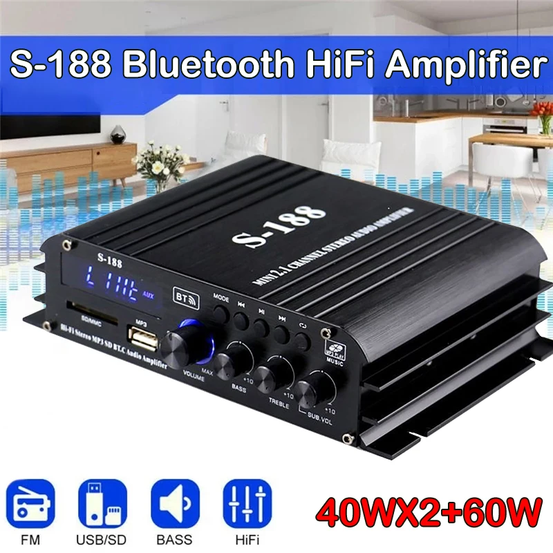 

S-1888 Bluetooth Stereo HiFi Amplifier 2.1 Channel Digital Wireless Power Amplifier Car Home Audio Speaker Bass Amplifier