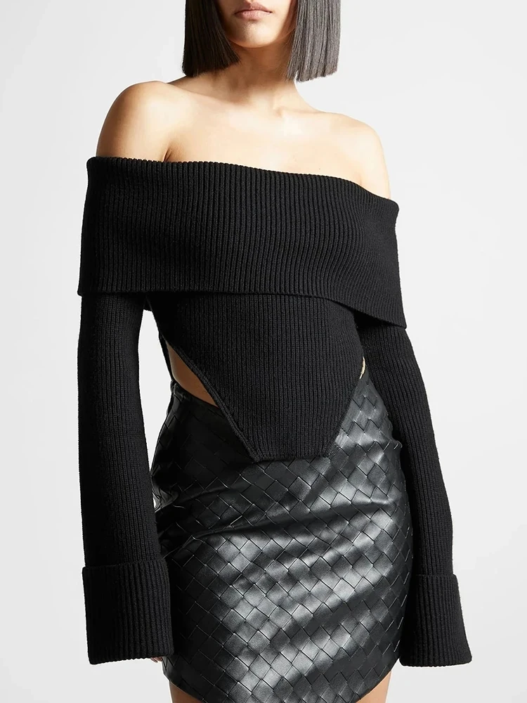 VGH Sexy Spicy Black Knitted One-Shoulder Base Shirt Irregular Hemline Design Sensual Style Polyester Cotton Blend Long Sleeve