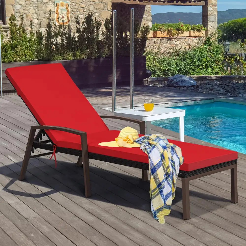 Patio Rattan Lounge Chair Chaise Recliner Back Adjustable Cushioned Garden