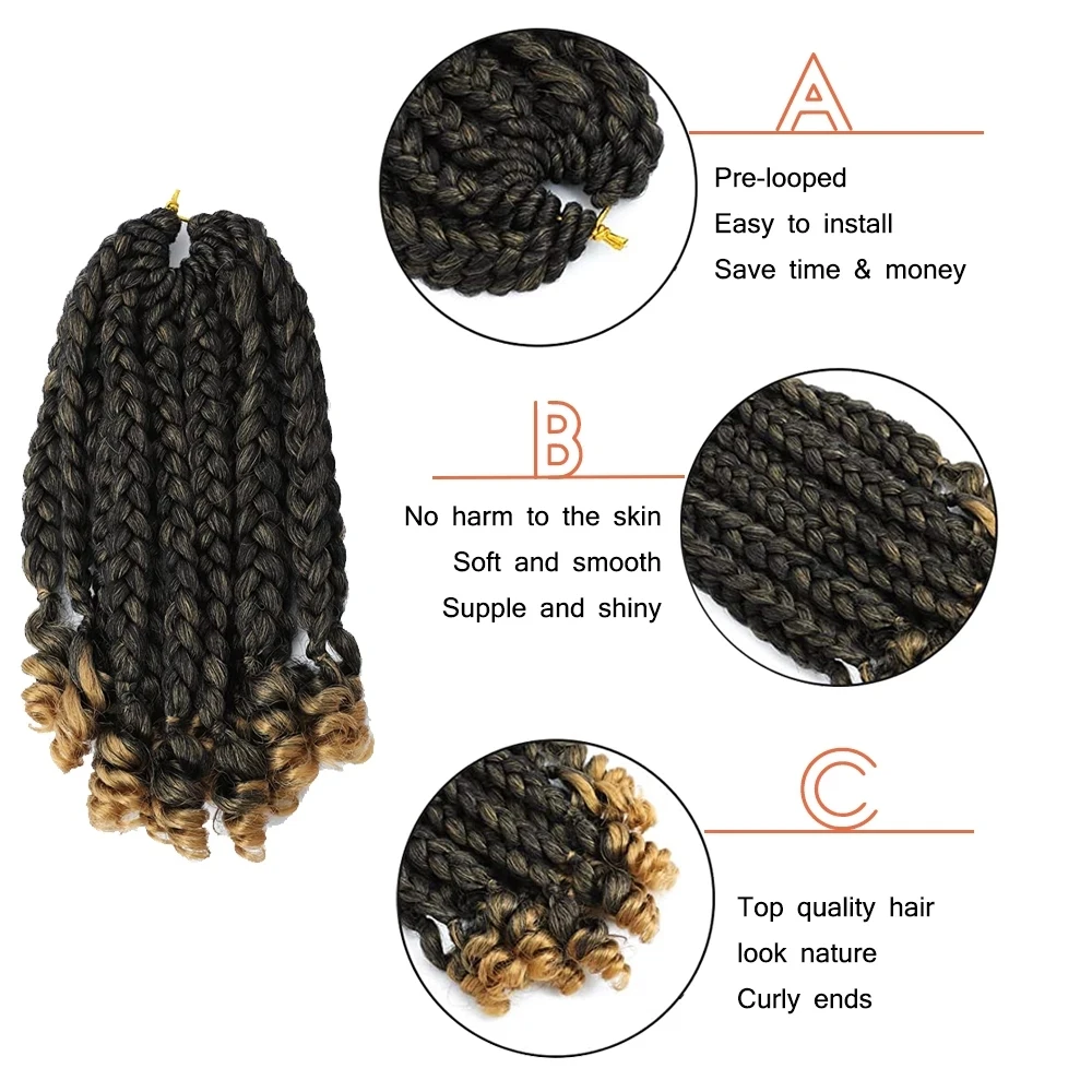 Sambraid Synthetic Crochet Hair Short Bob Box Braid with Curly Ends 10Inch Omber Blonde Pre Stretched Box Braids for Women Kids