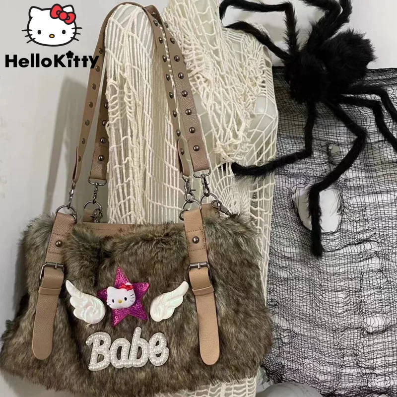 Sanrio Hello Kitty nowe luksusowe torby z imitacji futra damskie modne ramię torba Crossbody milenium pikantna dziewczyna Y2K torebka