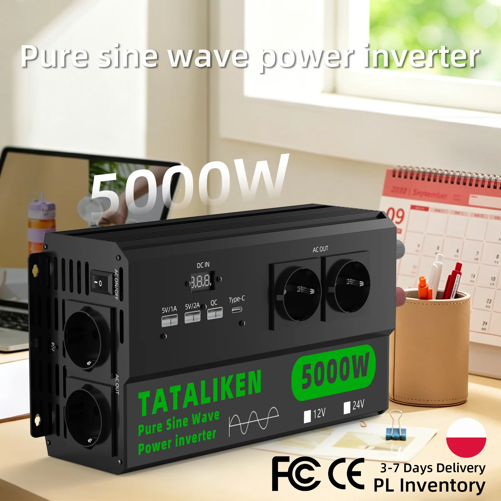 5000W-6000W Reiner Sinus-Wechselrichter DC 12V zu AC 220V 50Hz, 4 EU-Steckdosen, Digitalanzeige & Temperaturlüfter für Auto