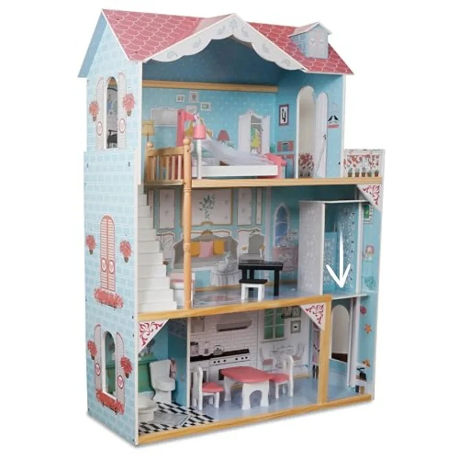 

Kid's Wooden Pink Dollhouse with Elevator, Balcony & Stairs, Accessories & Furniture Included, 3 Story Easy to Assemble Dollhous