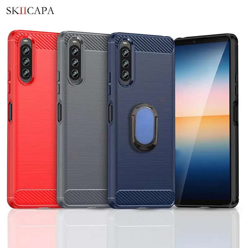 Brushed Carbon Fiber Silicone Shockproof Case For Sony Xperia 10 1 IV 10 1 5 5 III Magnetic Ring Stand Cover For Xperia Ace 5 II