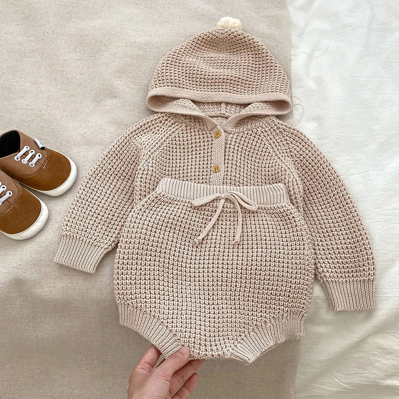 Autumn Spring Korean Style Children Knitted Clothing Long Sleeved Solid Color Cardigan+Shorts Newborn Baby Girls Clothing Suit