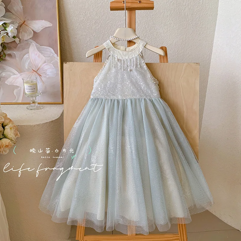 Girls' princess dress light green 2026 summer children's bead fringe high-end birthday beautiful dress