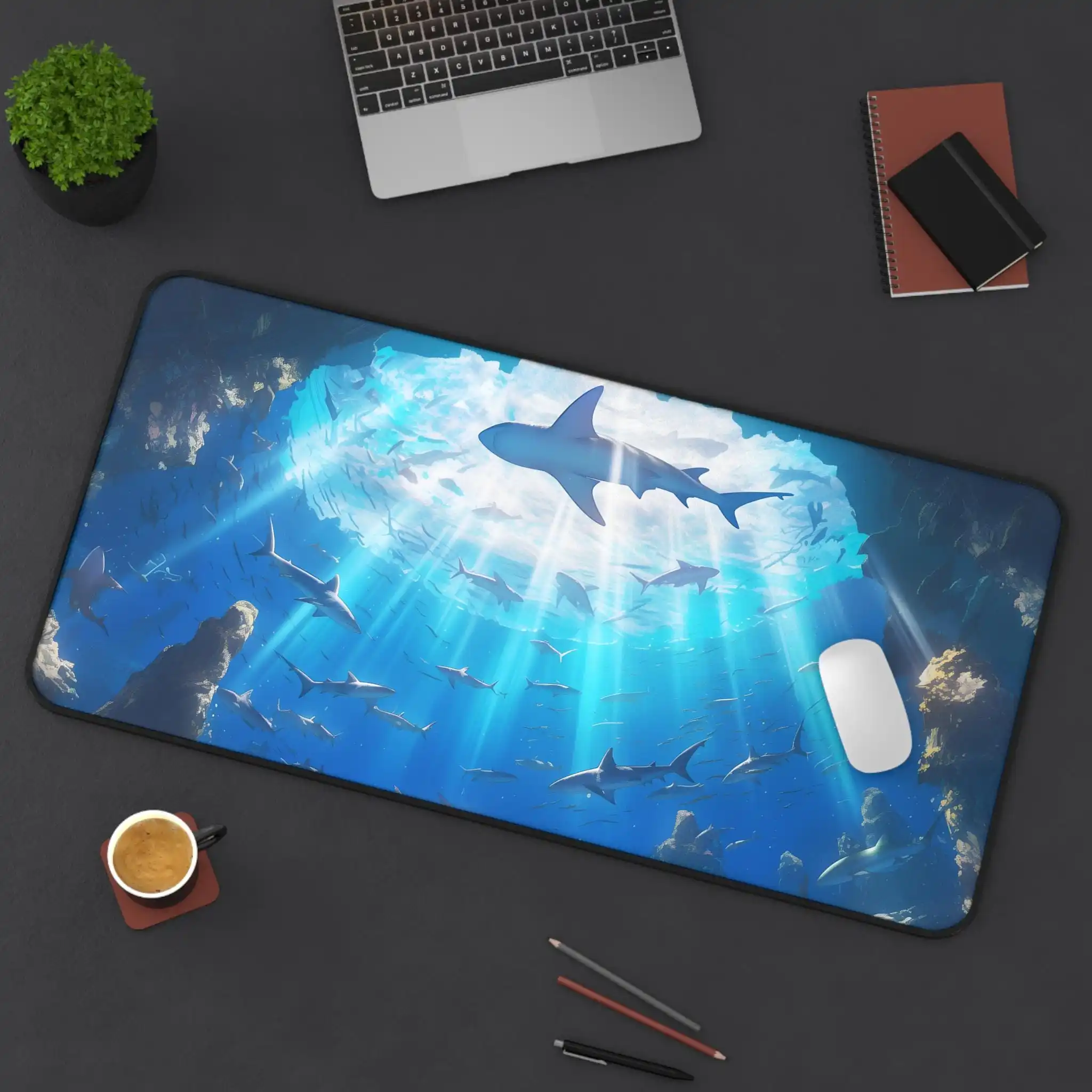 

Ocean Sharks Mouse Pad, Extended Gaming Desk Mat for The Deep Sea, Underwater Light Rays Desk Mat, Marine Life Desk Accessories