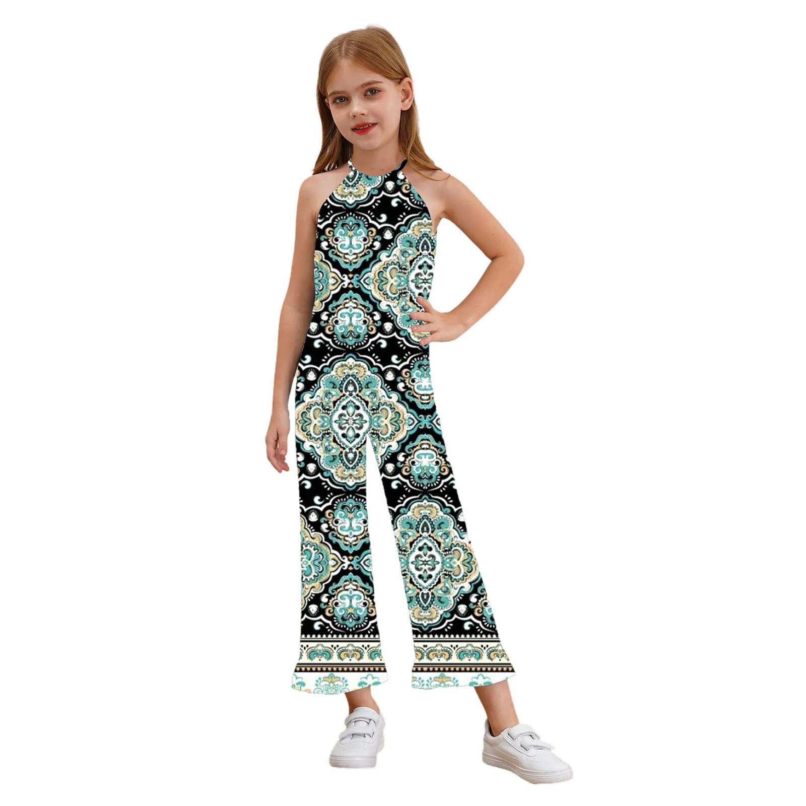 Kids Girls Floral Print Jumpsuit Children Summer Pants Boho Long Print Romper Playsuit Sleeveless One Piece Bohemian Beachwear