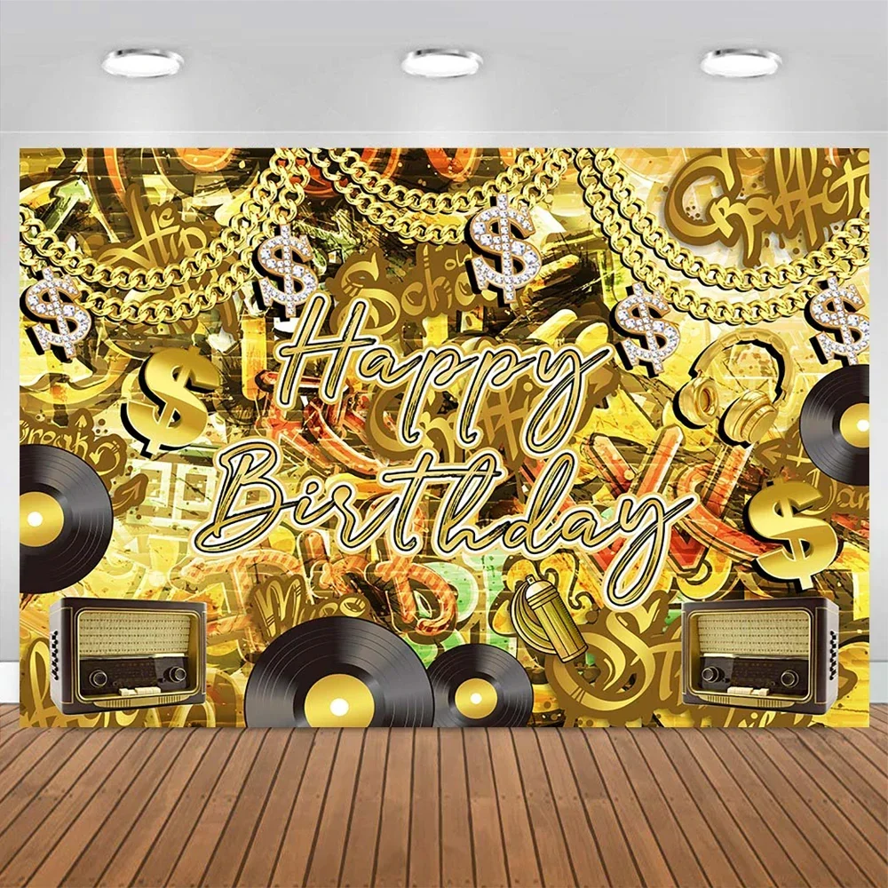 Mocsicka Hop Disco Music Birthday Photography Backdrop Radio Turntable Gold Glitter Party Background Retro Style Photo Photocall