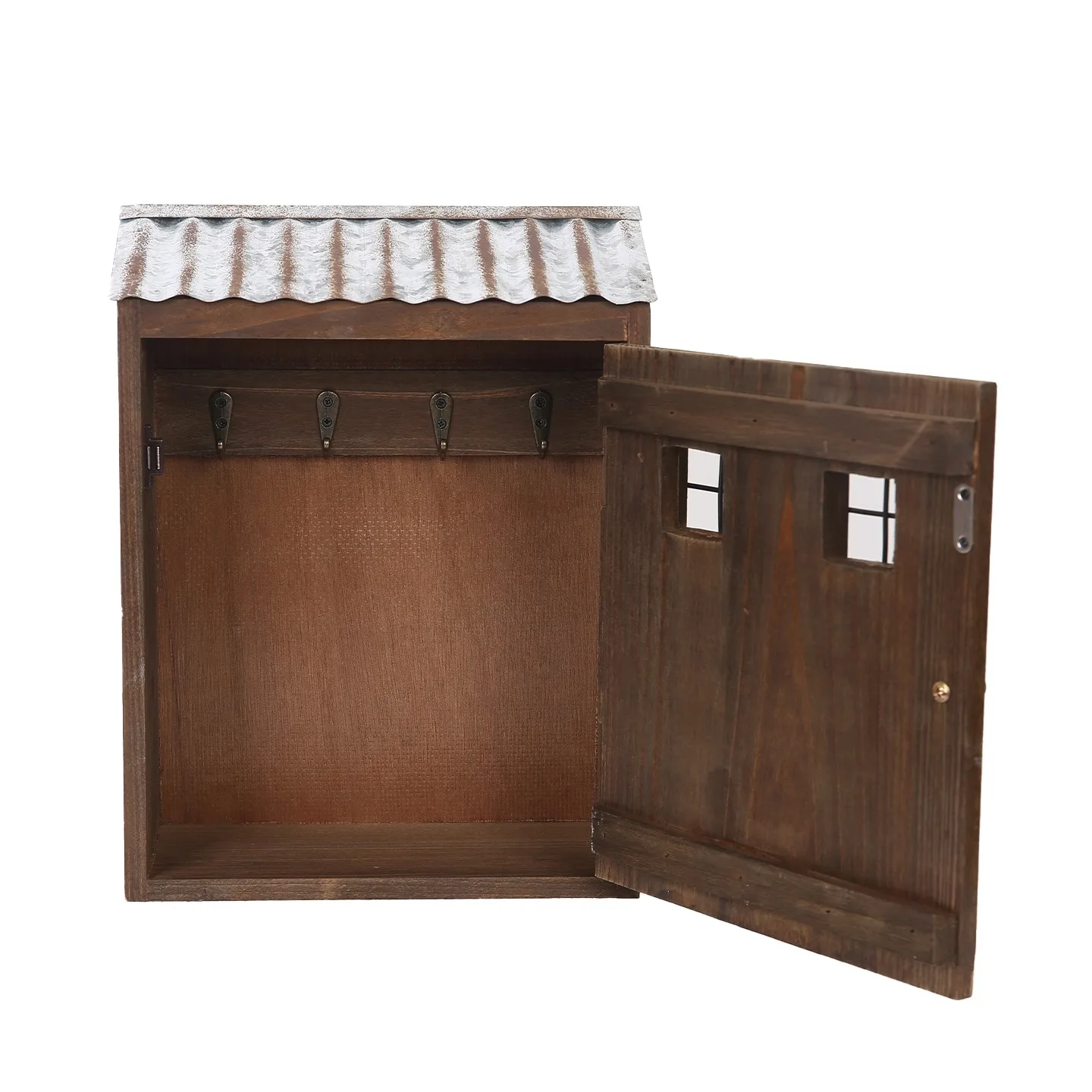 Rustic Wooden Key Cabinet, Wall Mounted Key Box, Vintage Metal Roof, 3 Cube Hanging Organizer, Wall Shelf