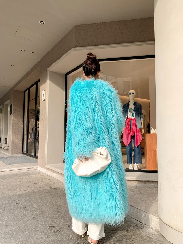 Female Fashion Light BlueFaux Fur Coat Lady Long Jacket Shaggy Outerwear Women's Winter Coats Factory Direct Sales