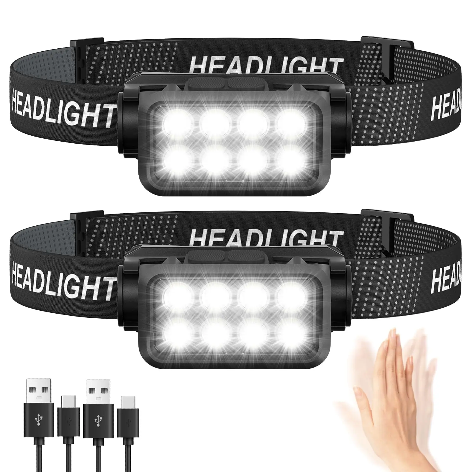

8 LED Super Bright Induction Headlamp 120°Tiltable 2500LM USB Rechargeable Headlight Builtin Battery For Night Outdoors Camping