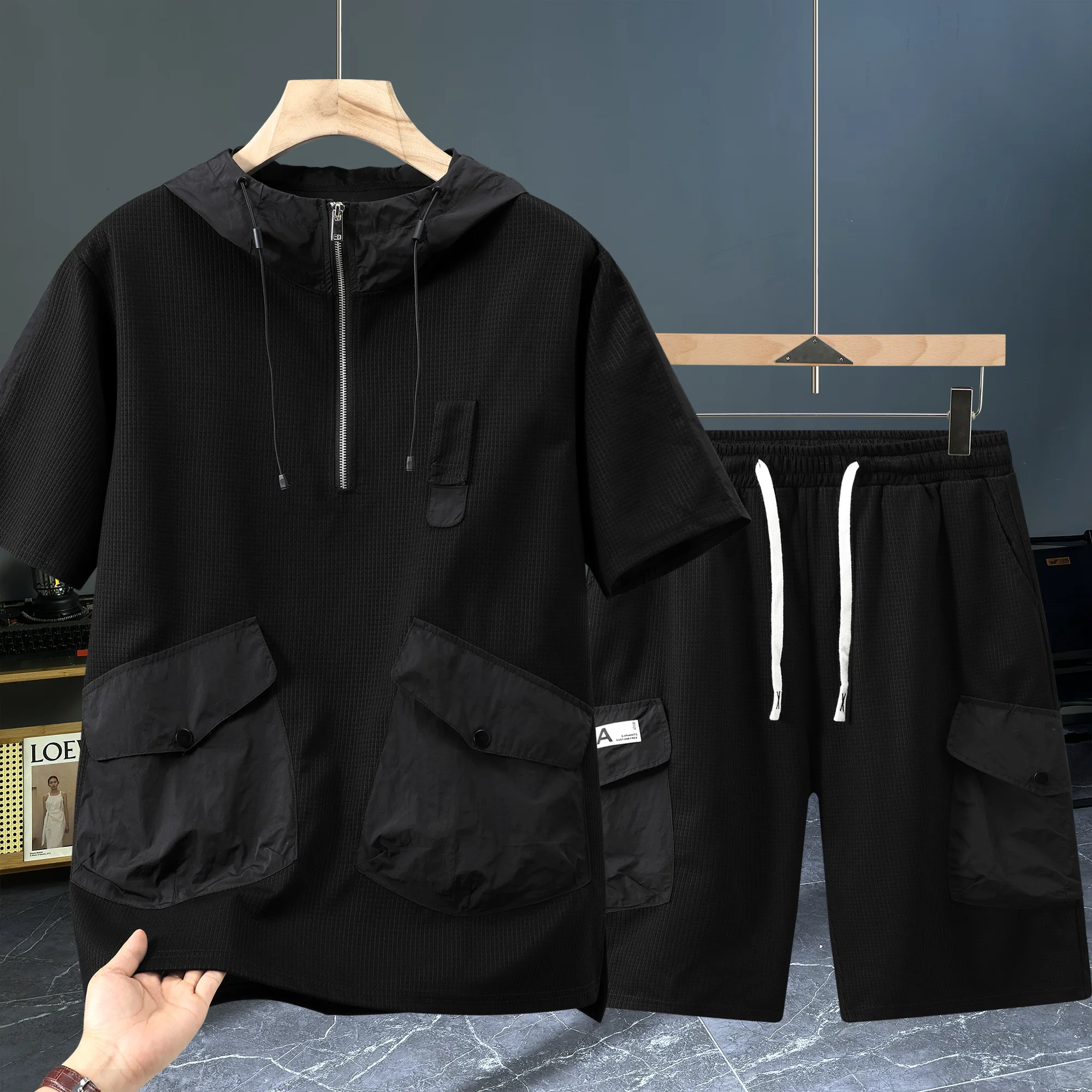 Large size men's summer T-shirt fat oversized loose and versatile short sleeved shorts casual sports suit workwear