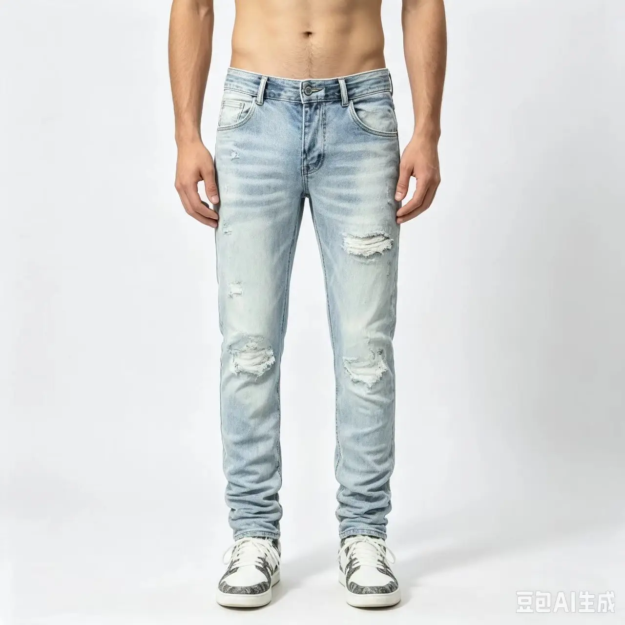 Men's Light Blue Retro Slim Fit Jeans Elastic Tapered Street Fashion Pants with Perforated Patch Trendy Y2K Style