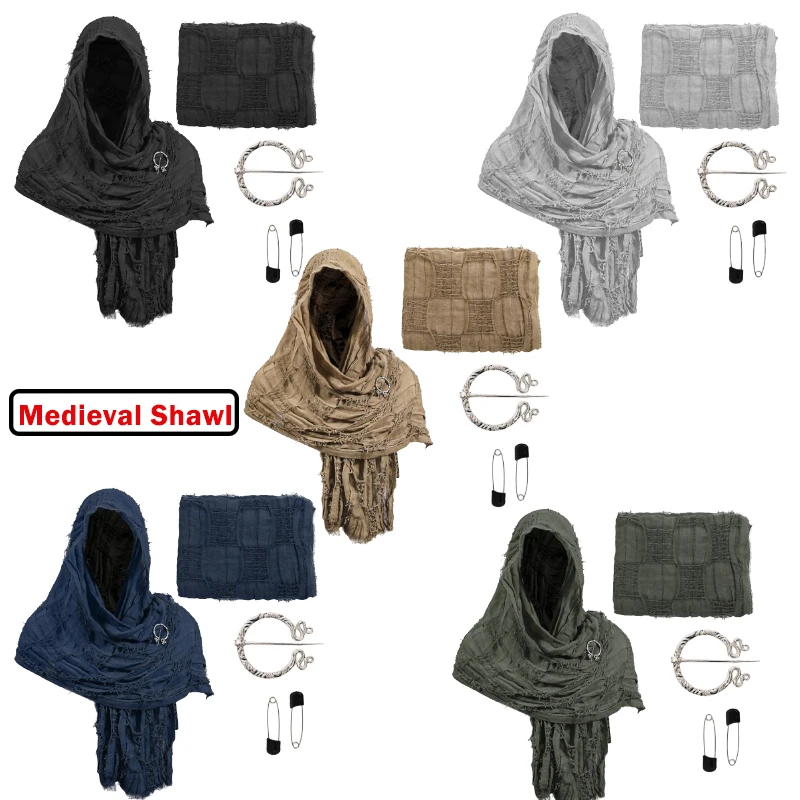 

1SET Medieval Waste Land Scarf Shawl Renaissant Costume Accessory With Shawl Brooch Unisex Cotton Blend Cloak for Halloween