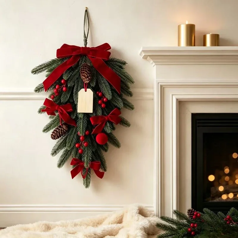 Creative Faux Christmas Tears Wall-Hanging Pine Needle Decoration with Red Velvet Bow Pine Fruit Berry Christmas Farmhouse Door