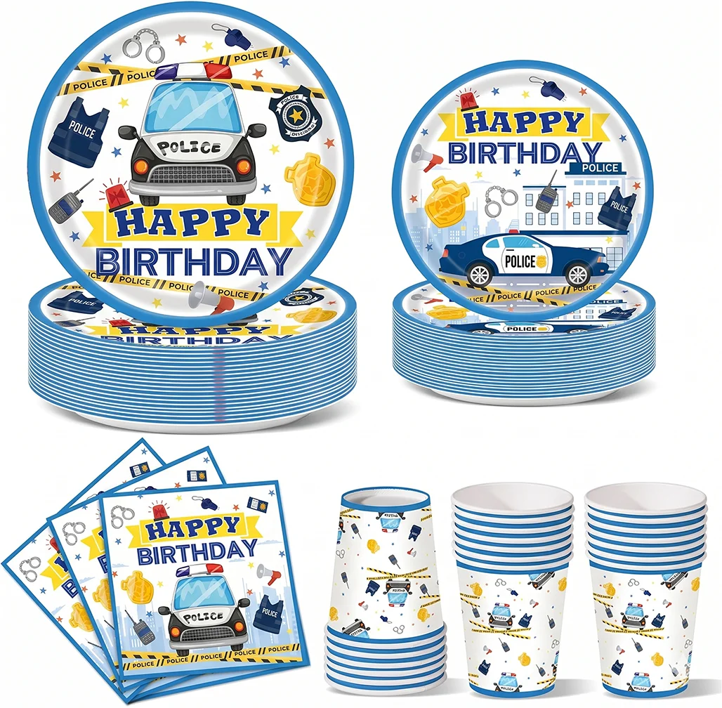 

Patrol Car Theme Birthday Party Decorations Disposable Tableware Set Paper Plates Cups Napkins for Boys Kids Baby Shower Favors