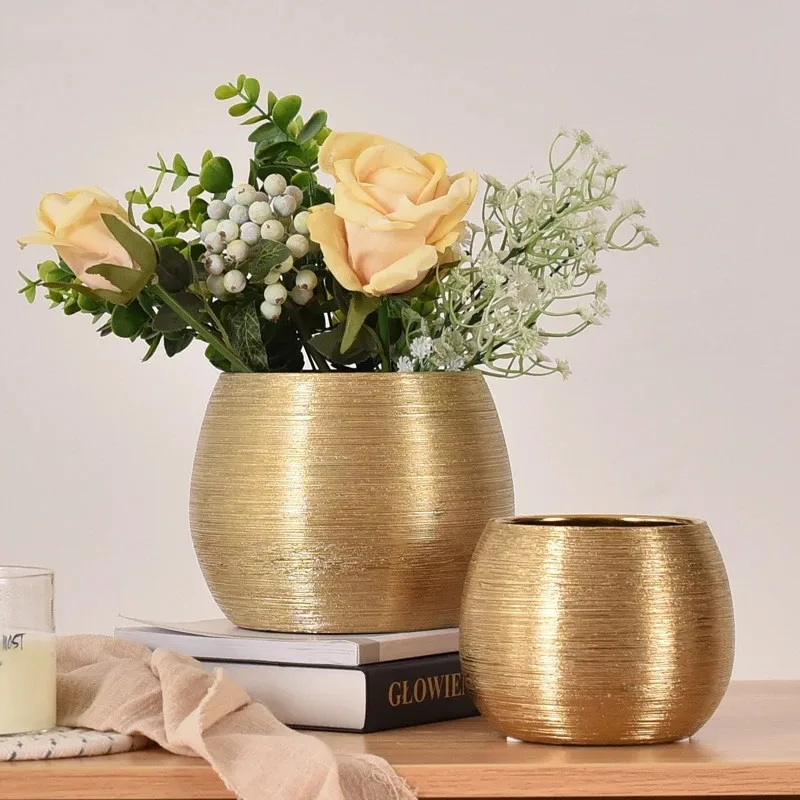 

Golden Brushed Ceramic Flower Pots Decorative Round Gilded Vase Plant Arrangement Porcelain Vases Nordic Home Decor