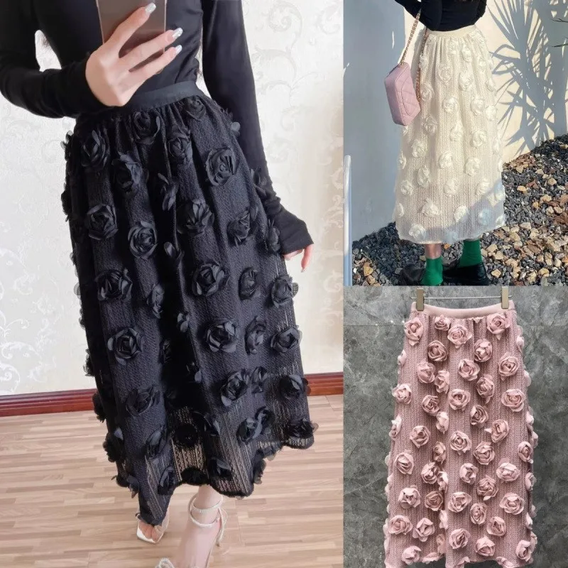 

3D Flower Elastic Waist Sweet Chic Long Skirt Fashion A-line Party Skirt For Women Summer Spring Chic Korean Wedding Skirt