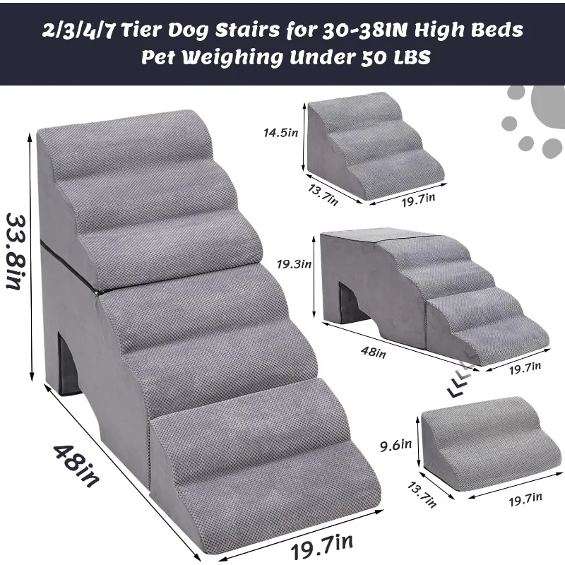 Dog Stairs for High Beds 15-42IN, Foam Dog Ramp  32 inches, Pet Stairs/Steps for Old Dogs Cats, Grey