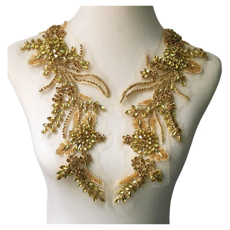 Gold Yellow Glass Crystal Beaded Trims Fashion Garments Dress Accessory Hand-sewed Rhinestone Applique For Dancing Dress  Crafts