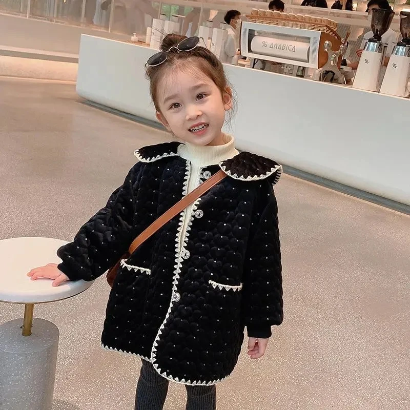

Sweet Style Girls' Solid Color Velvet Winter Coat Children Fashionable Warm Mid-length Coat Baby Girl's Thickened Lapel Top Coat