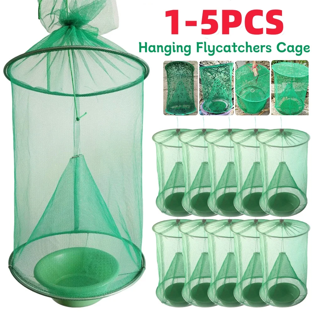 1-5PCS Pest Control Fly Catcher Reusable Hanging Flies Flytrap Cage Net Trap Hanging Folding Insect Catching Traps for Courtyard
