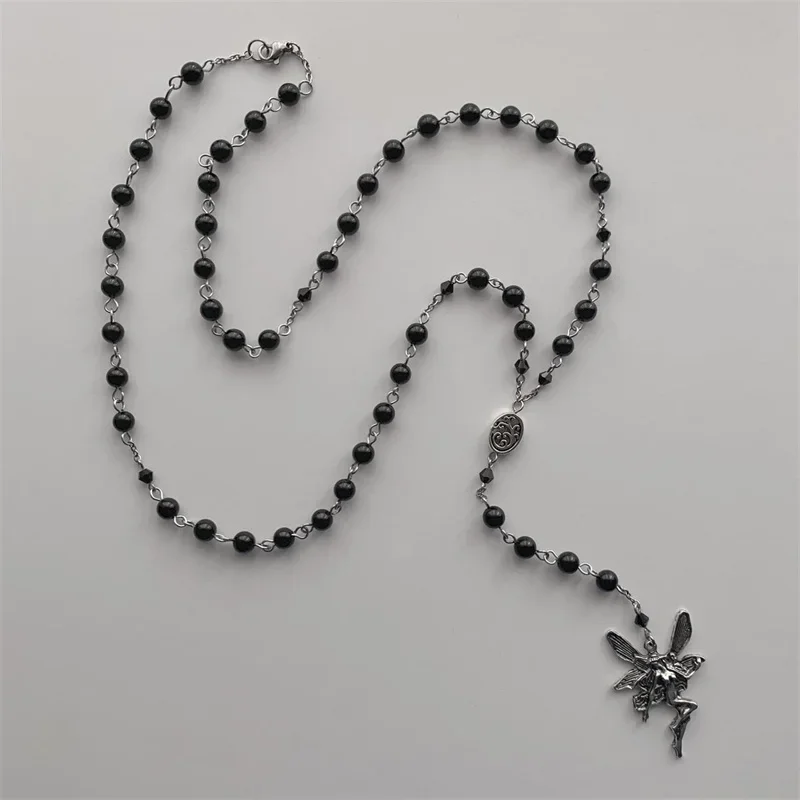 Handmade Fairy Black Charm Inspired Necklace, Rosary Style Necklace, Grunge, Gothic, Y2K Indie Jewelry Pixie Fairycore Rosary