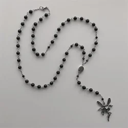 Handmade Fairy Black Charm Inspired  Necklace, Rosary Style Necklace, Grunge, Gothic, Y2K Indie Jewelry Pixie Fairycore Rosary