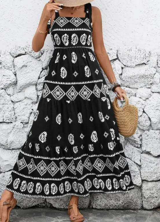 

2026 Summer New Casual Vacation Elegant Sexy Dress A-Line Ethnic Style Suspender Printed Dress Female Clothing