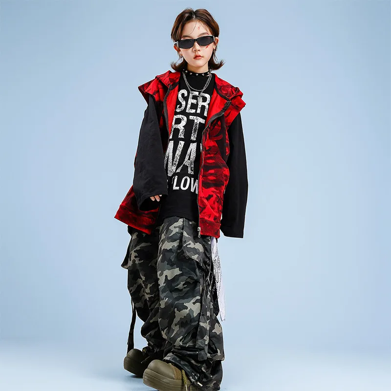 Jungen K-Pop Cool Print Kapuzenweste Street Dance Camo Hosen Kostüm Jungen Hip Hop Langarm Top Gruppe Streetwear Kleidung Sets
