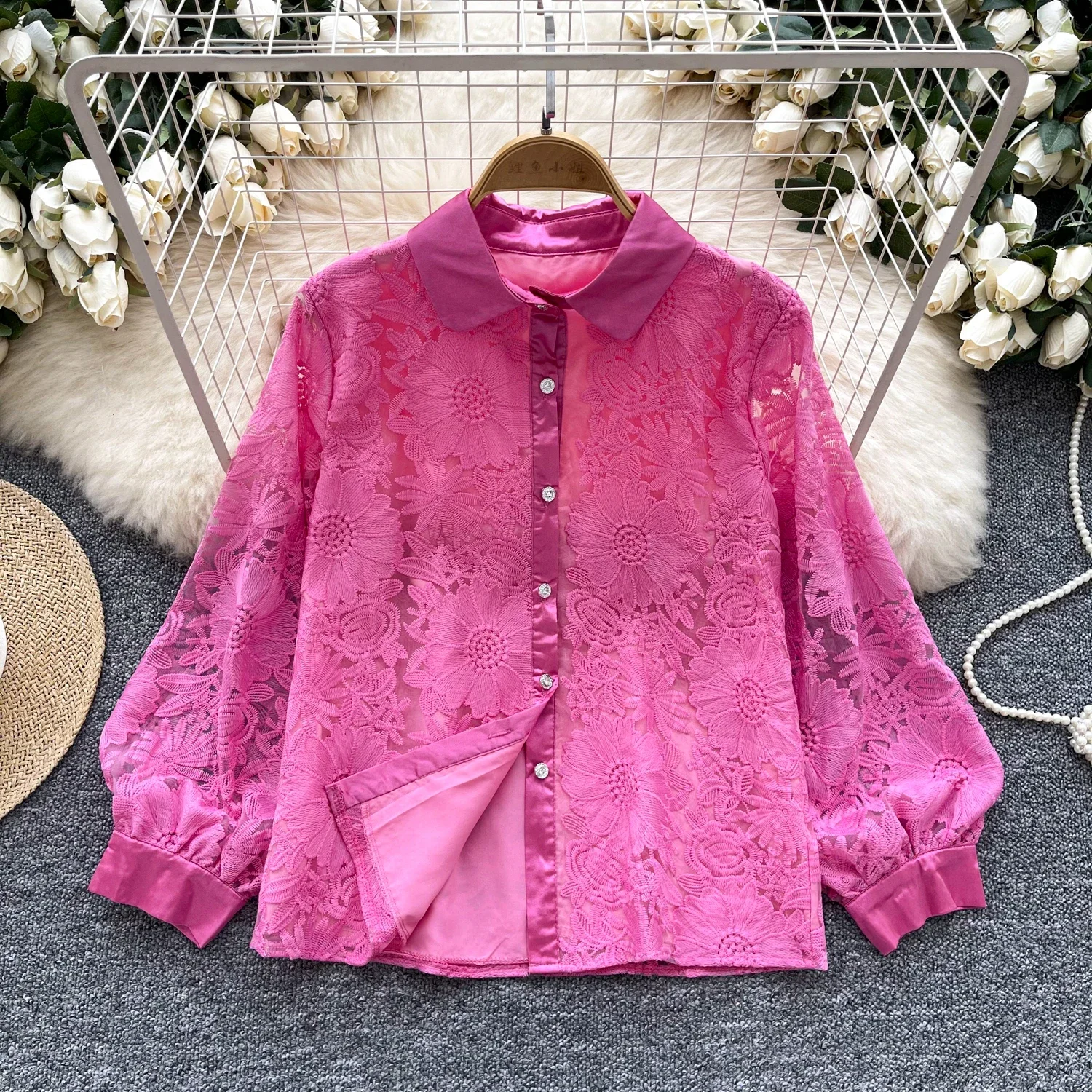 Vintage Elegant Embroidery Long Sleeve Single Breasted Blouse Fashion Lapel Shirt Casual Chic Top Fairy Autumn Women