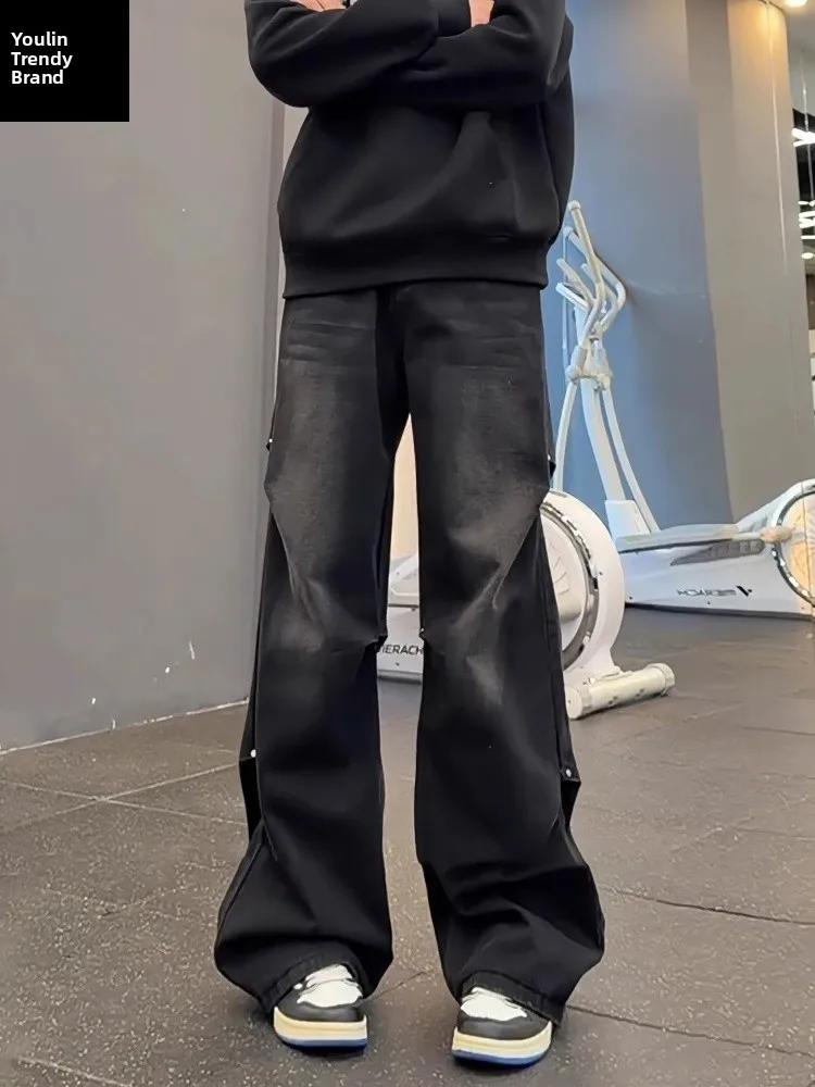 

Waed Bla Pleated Knife Men's Jeans Winter Straight American Retro Workwear Pants Floor Length Wide Leg Micro Flared