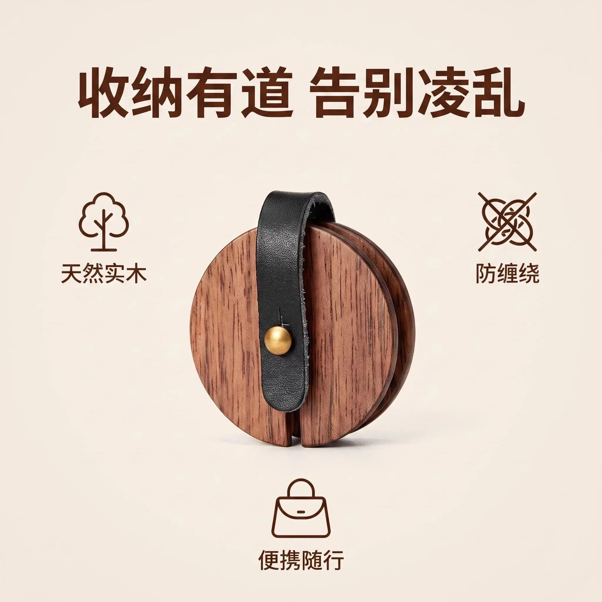 Walnut Wood Earphone Cable Winder Cord Organizer with Leather Strap Brass Snap Button Portable Desk Travel Cord Holder