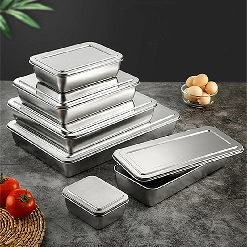 Thicken Stainless Steel Serving Tray with Lid Rectangle Metal Food Storage Plates Dish Cake Buffet Organizer Kitchen Container